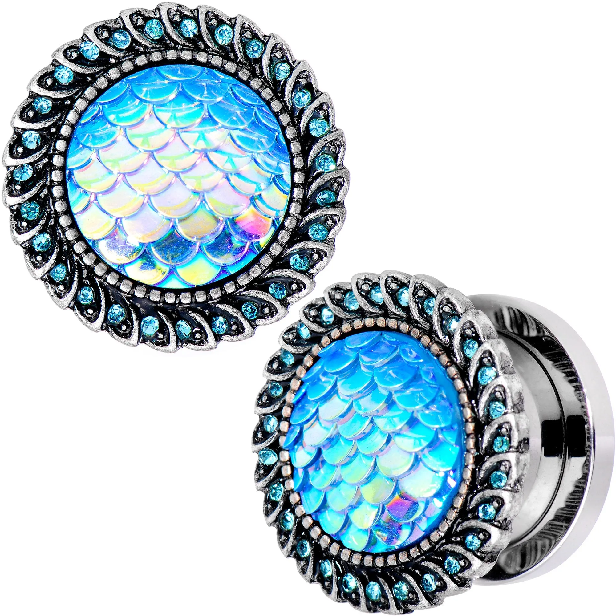 1/2 Aqua Gem Iridescent Blue Mermaid Scale Screw Fit Plug Set