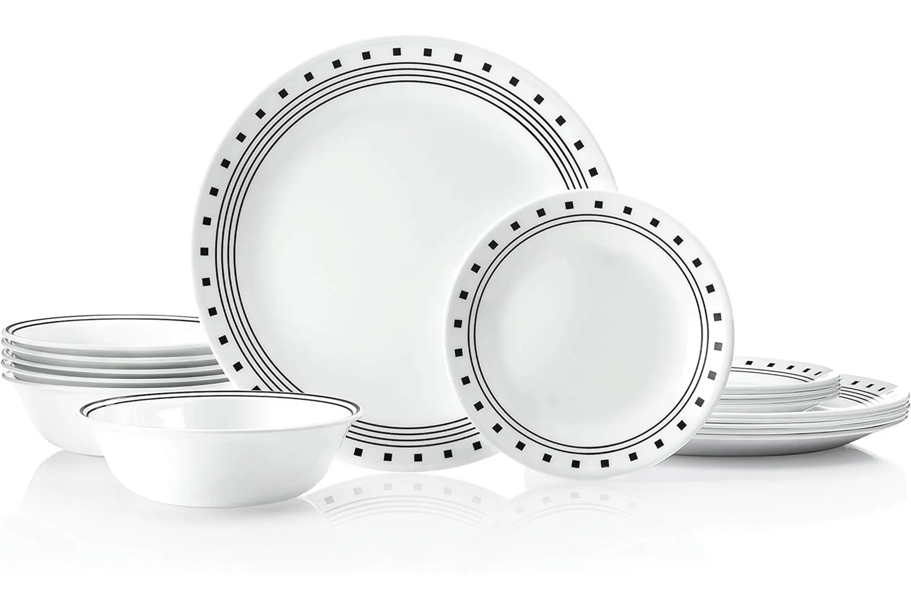 Corelle Vitrelle 18-Piece Service for 6 Dinnerware Set, Triple Layer Glass and Chip Resistant, Lightweight Round Plates and Bowls Set, City Block