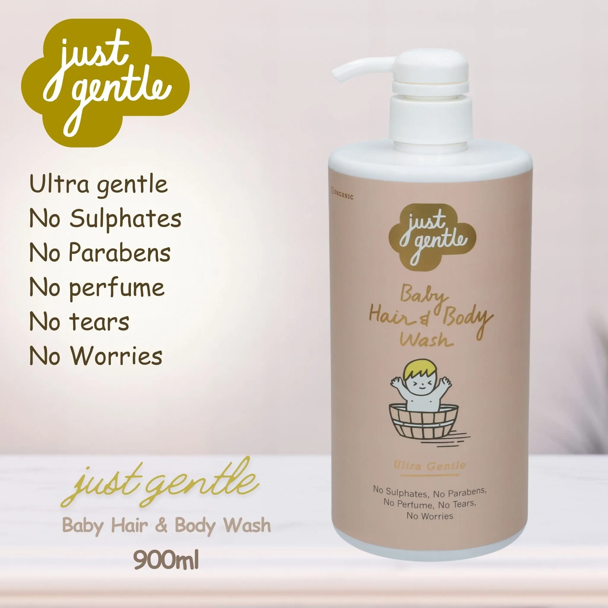 Just Gentle Baby Hair & Body Wash - Ultra Gentle, 99% Natural Ingredients 900ml