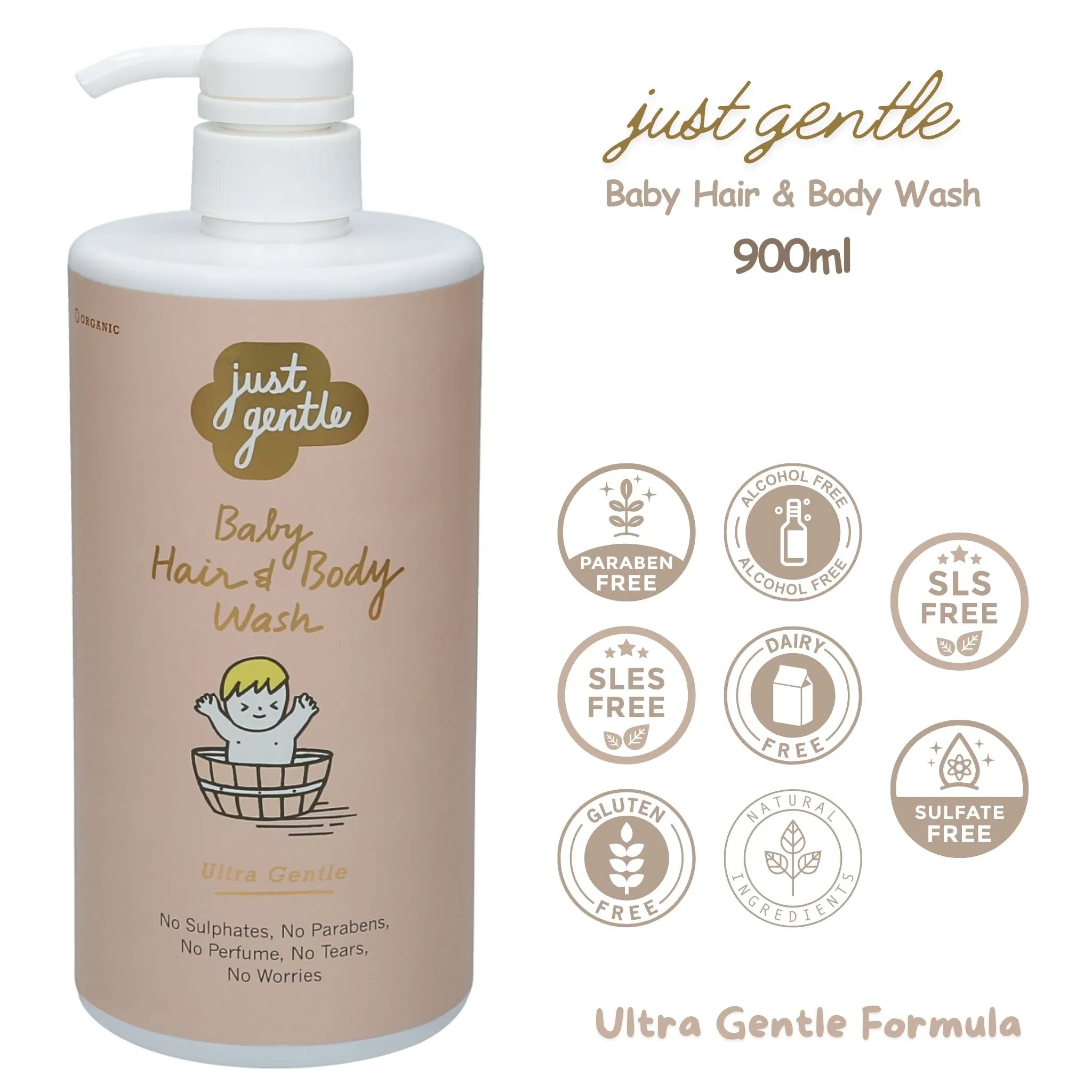 Just Gentle Baby Hair & Body Wash - Ultra Gentle, 99% Natural Ingredients 900ml