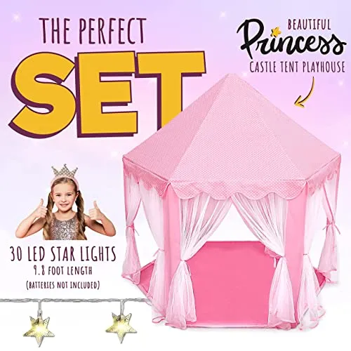 ORIAN Princess Castle Playhouse Tent for Girls with LED Star Lights Pink 55"x53"