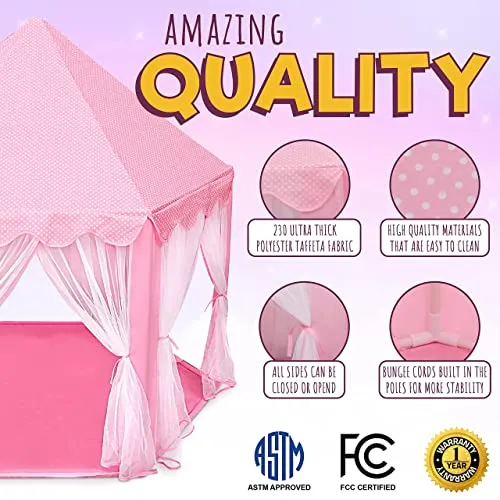 ORIAN Princess Castle Playhouse Tent for Girls with LED Star Lights Pink 55"x53"