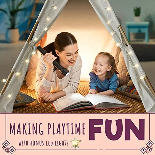 Orian Toys Teepee Tent for Kids: Child’s Indoor Outdoor Canvas Fairytale Tipi Playroom, LED Star Lights, Easy Assembly, 59 by 45 Inches, Ages 3 