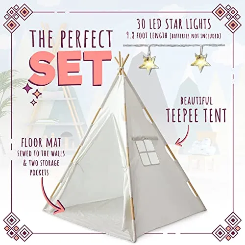 Orian Toys Teepee Tent for Kids: Child’s Indoor Outdoor Canvas Fairytale Tipi Playroom, LED Star Lights, Easy Assembly, 59 by 45 Inches, Ages 3 