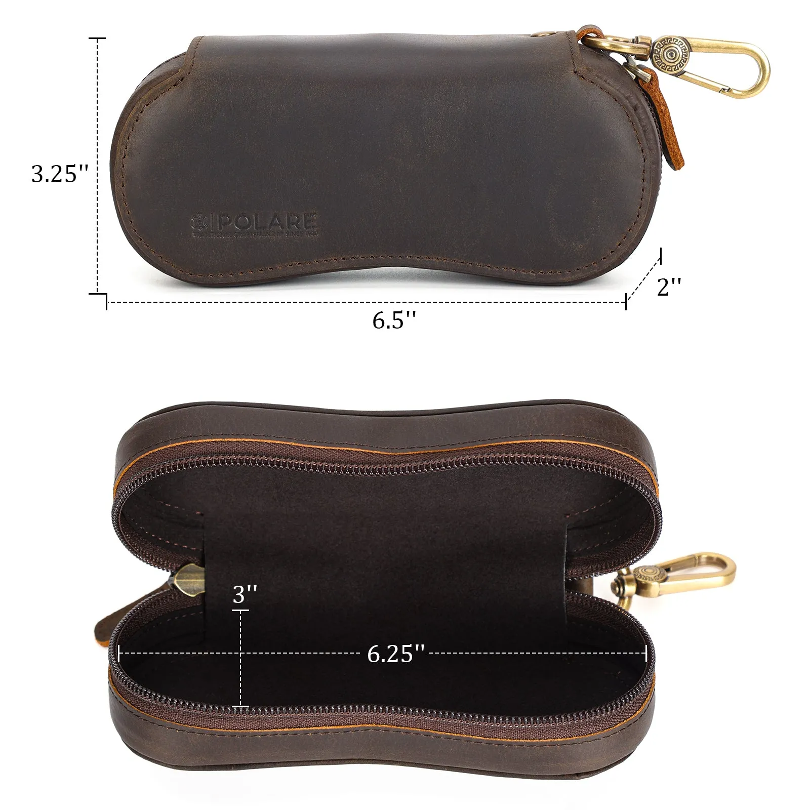 Polare Full Grain Leather Glasses Case Safety YKK Zipper Sunglasses Case Portable Travel Eyeglasses Case Holder with Metal Carabiner Hook