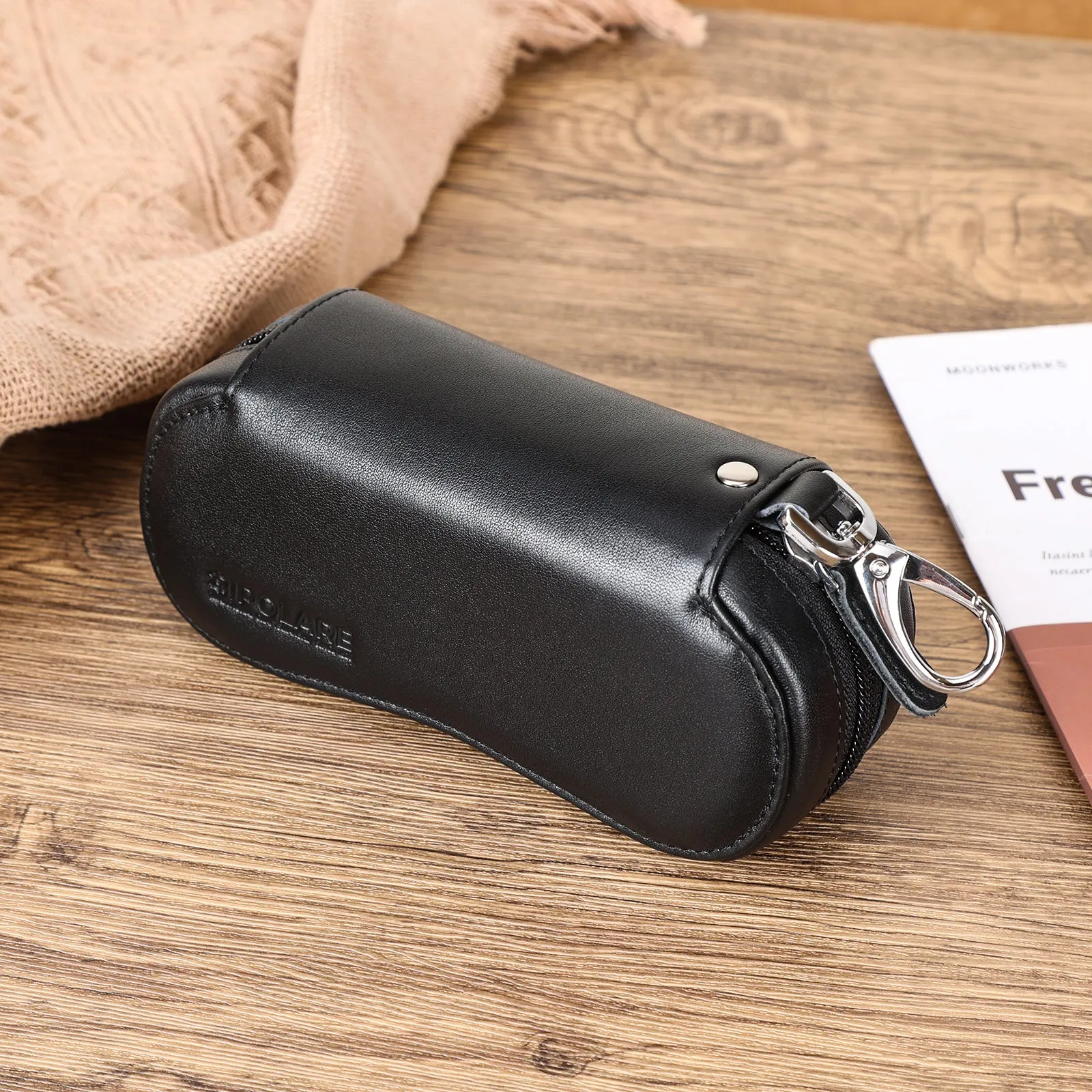 Polare Full Grain Leather Glasses Case Safety YKK Zipper Sunglasses Case Portable Travel Eyeglasses Case Holder with Metal Carabiner Hook