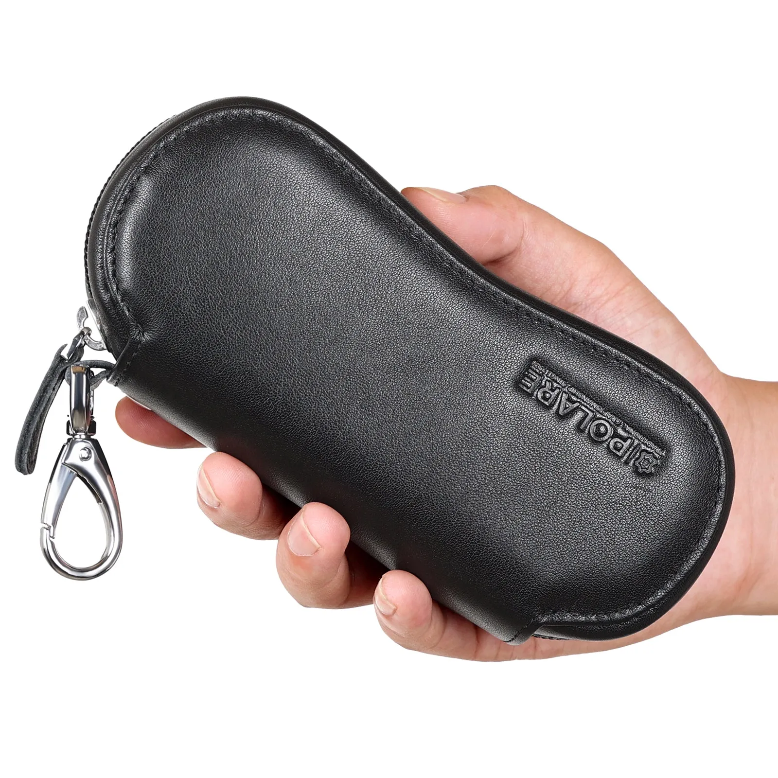 Polare Full Grain Leather Glasses Case Safety YKK Zipper Sunglasses Case Portable Travel Eyeglasses Case Holder with Metal Carabiner Hook