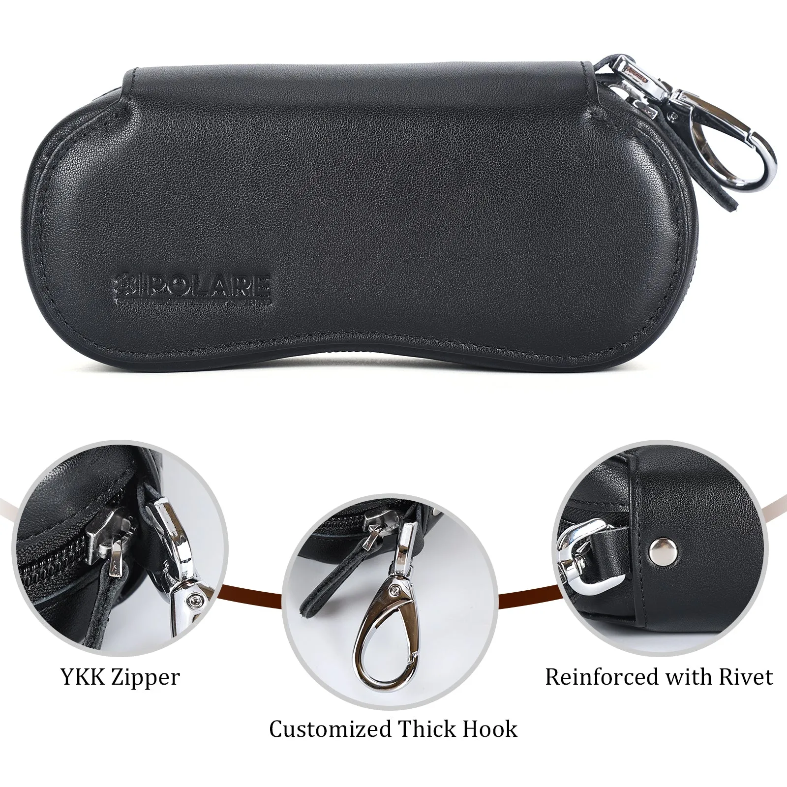 Polare Full Grain Leather Glasses Case Safety YKK Zipper Sunglasses Case Portable Travel Eyeglasses Case Holder with Metal Carabiner Hook