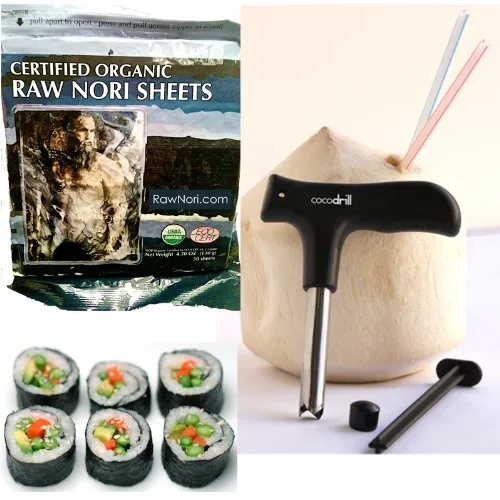 Raw Organic Nori Sheets 100 qty Pack   CocoDrill Coconut Tool -- Certified Vegan, Raw, Kosher Sushi Wrap Papers - Premium Unheated, Un Cooked, Untoasted, Dried - RAWFOOD