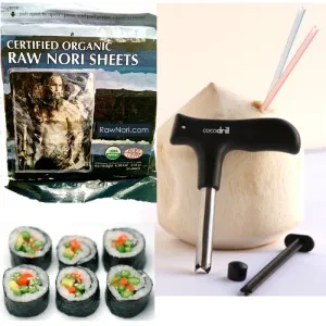 Raw Organic Nori Sheets 50 qty Pack!   CocoDrill Coconut Tool -- Certified Vegan, Raw, Kosher Sushi Wrap Papers - Premium Unheated, Un Cooked, Untoasted, Dried - RAWFOOD