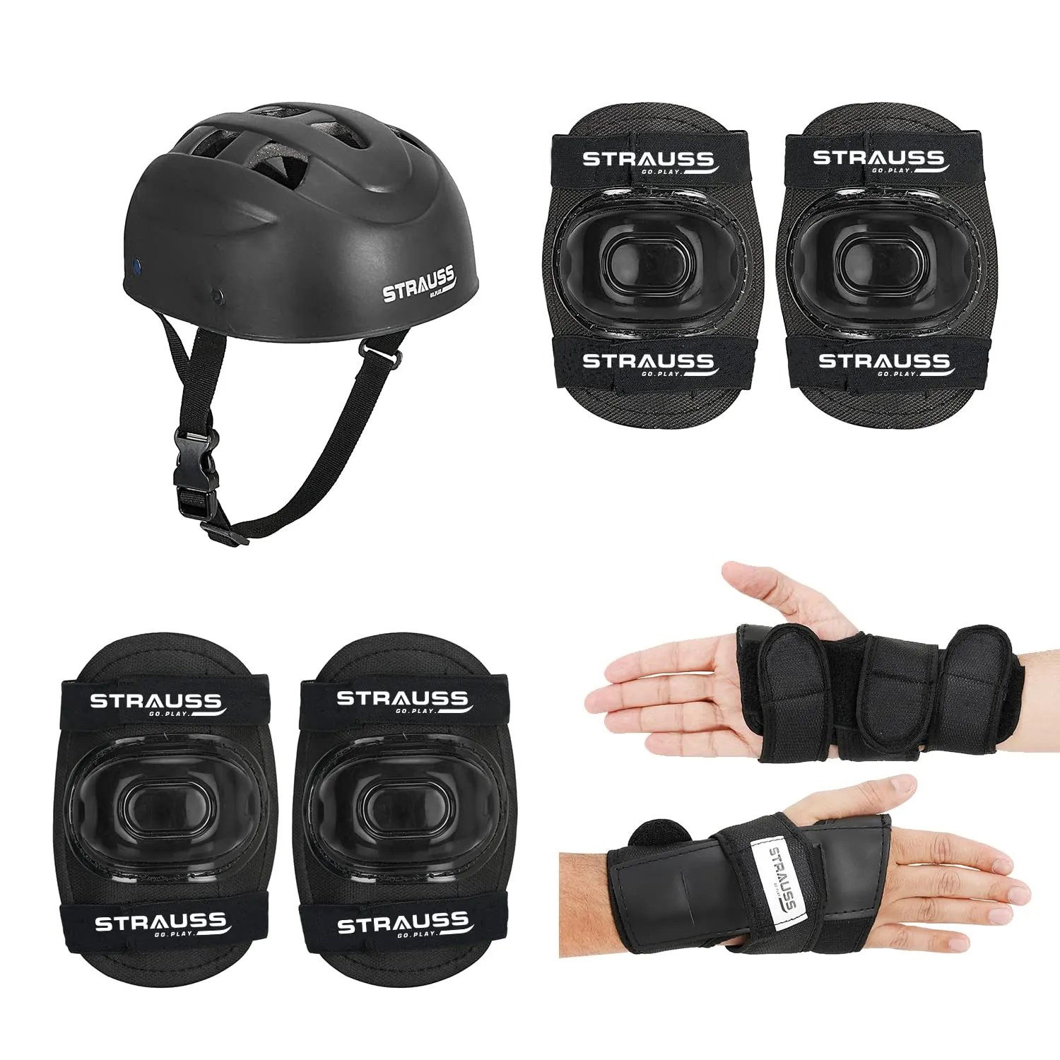 Strauss Professional 4-Piece Roller Skating Protective Set|Helmet,Knee Pads, Elbow Pads, Wrist Guards|All-in-One Safety Gear for Skateboarding, Skating|Protective Gear for Skaters,Riders and Cyclists