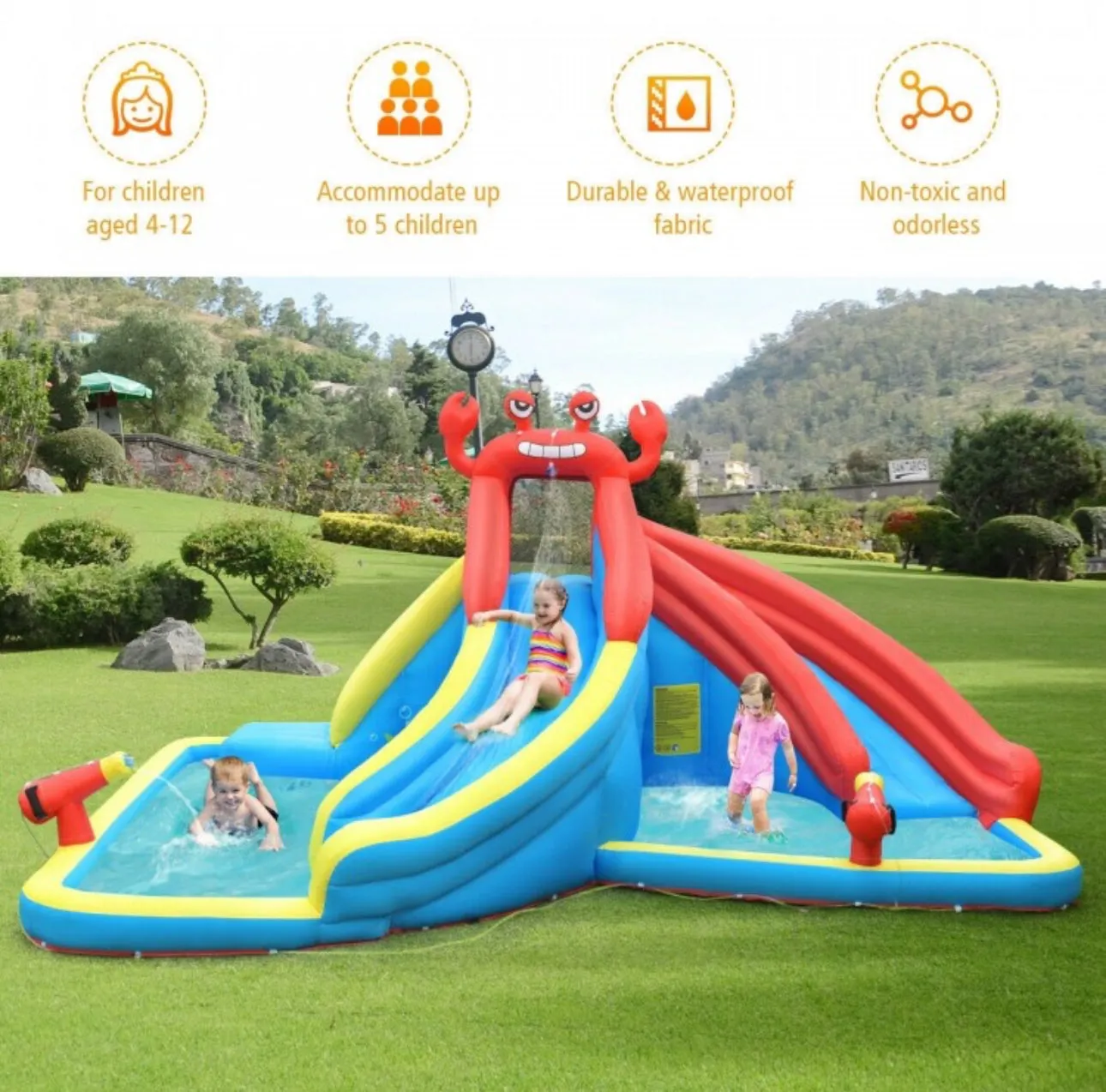 Super Cool,Fun Massive Crab Inflatable Bouncy Water Park House With 950w Blower | Water Cannon | 2 Water Slides | Tunnels | Climbing Wall | Water Cannon | Carry Bag